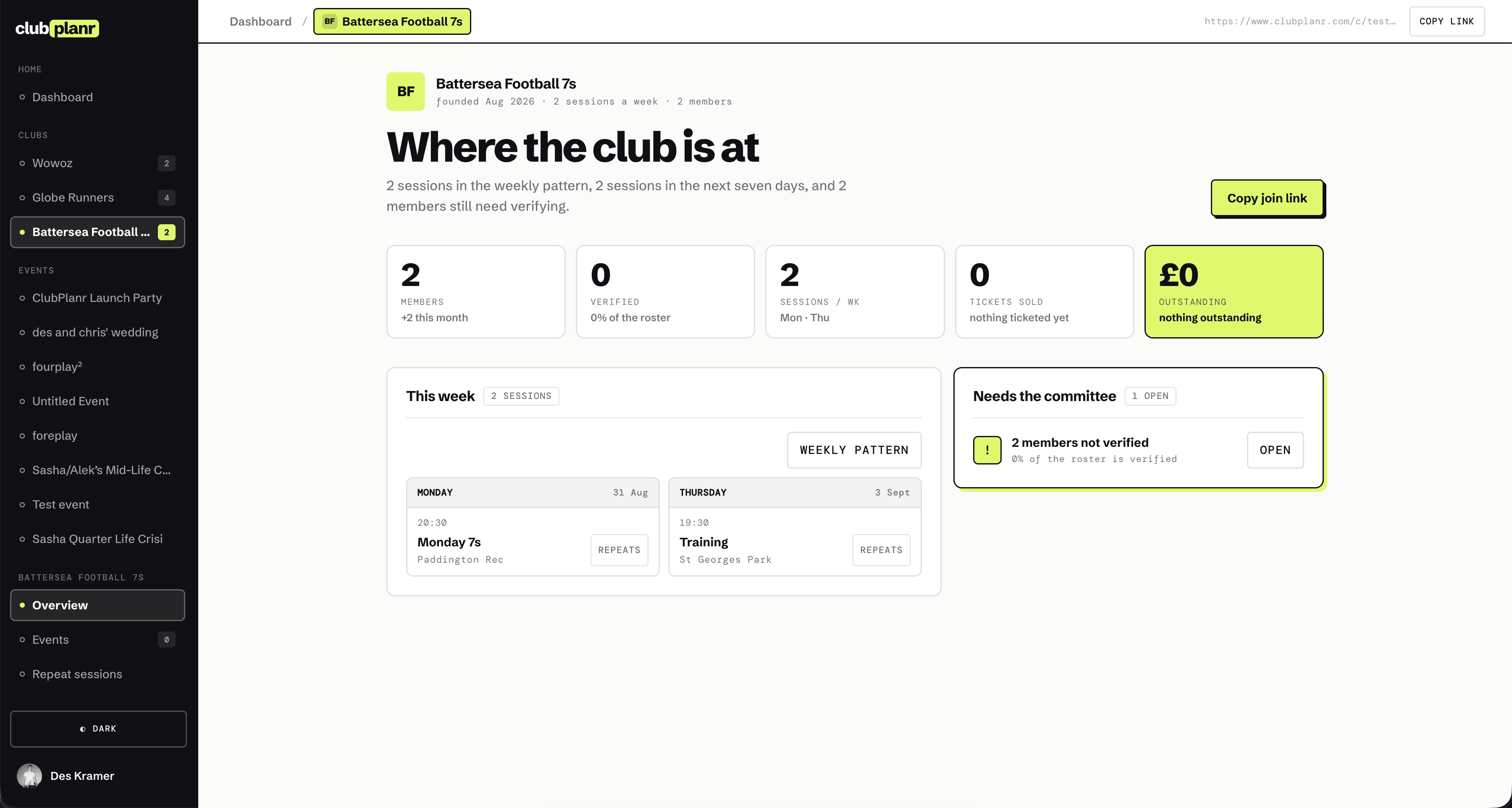 ClubPlanr club dashboard showing club events and management tools