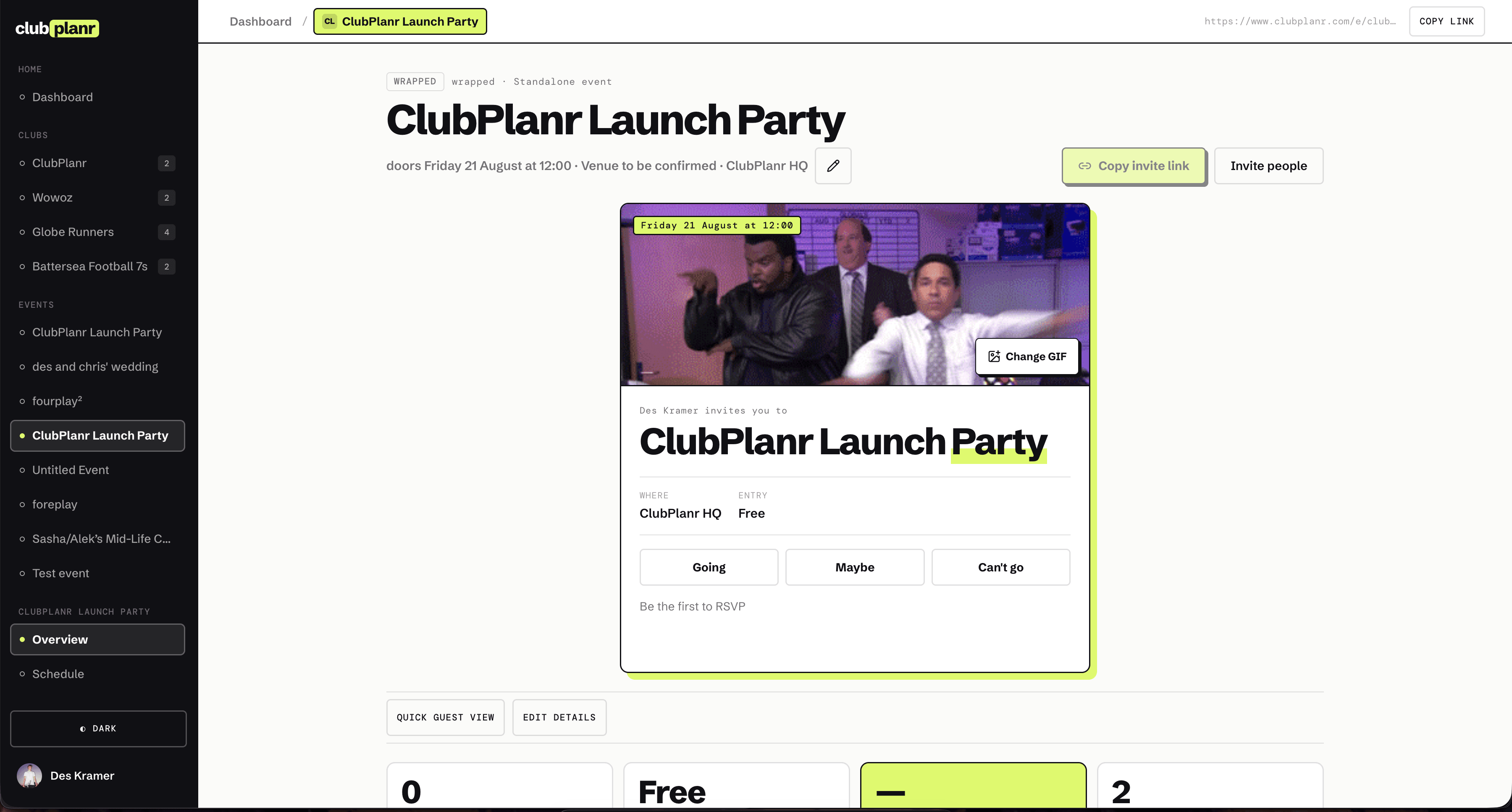 ClubPlanr event dashboard showing event details and attendee management