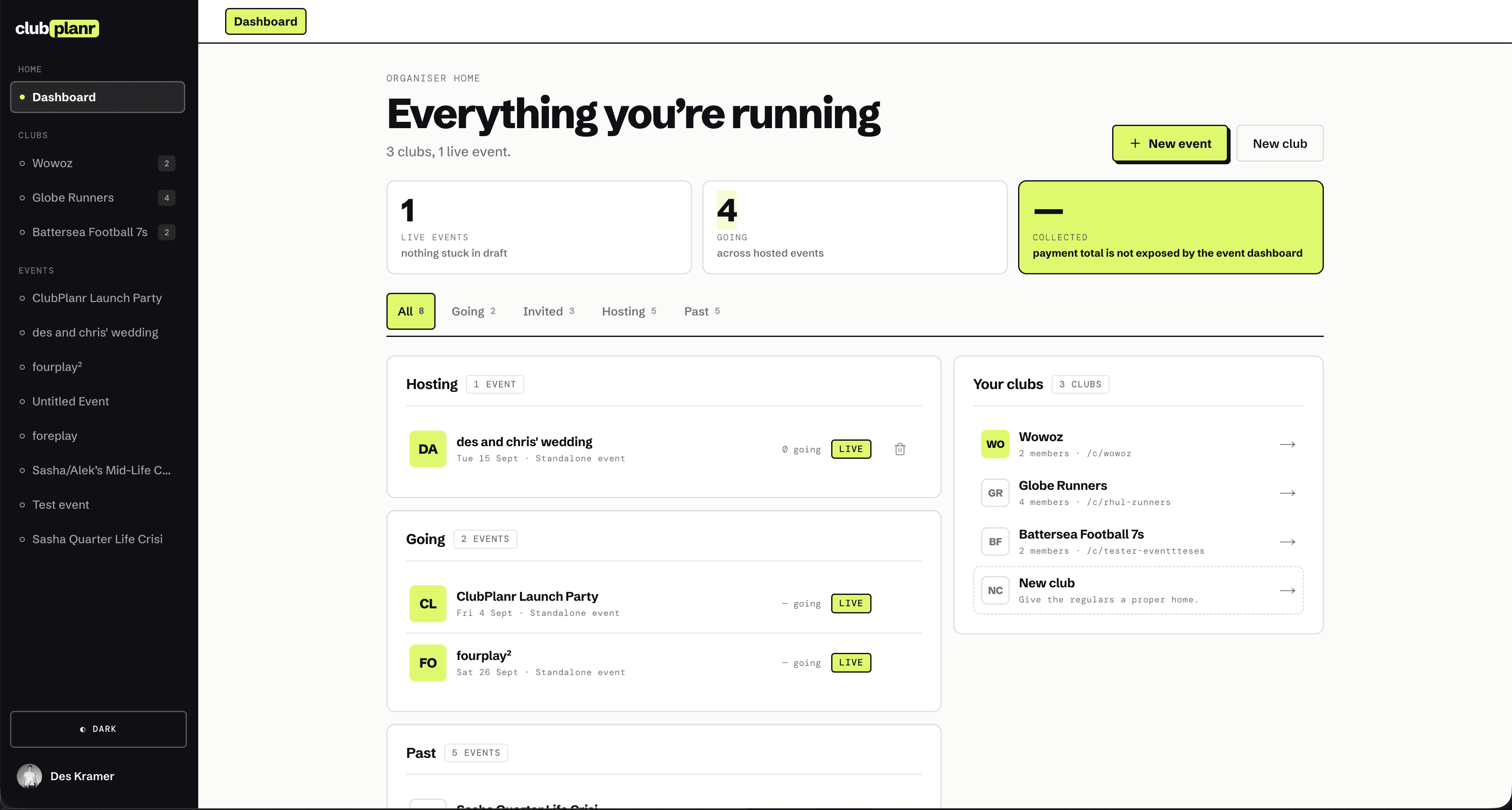 ClubPlanr main dashboard showing an event overview