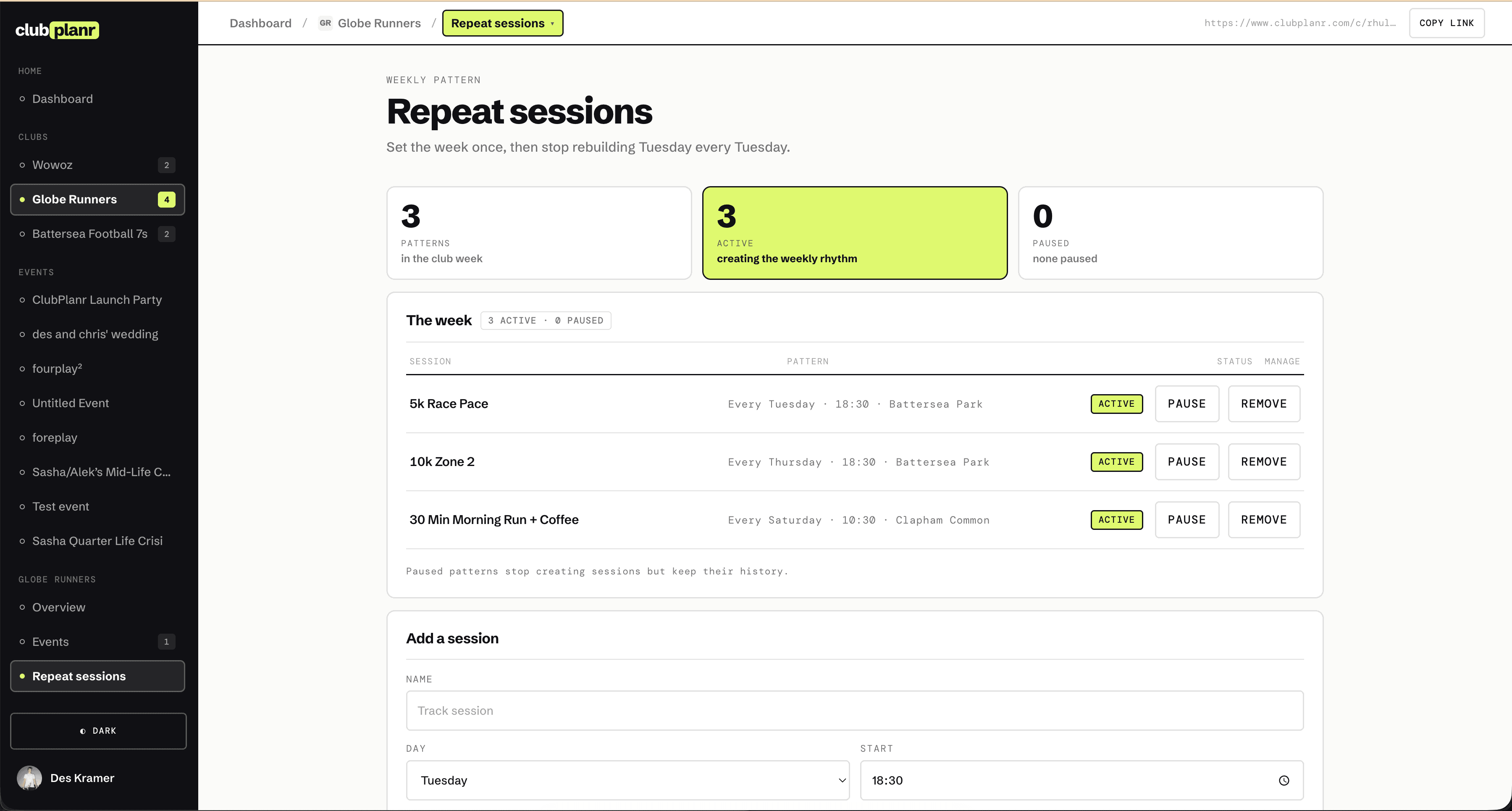 ClubPlanr dashboard showing repeated event sessions